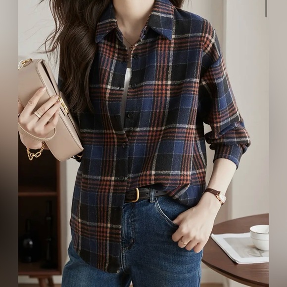 Dark Academia Blue Plaid Flannel Button Down Top - Picture 2 of 11